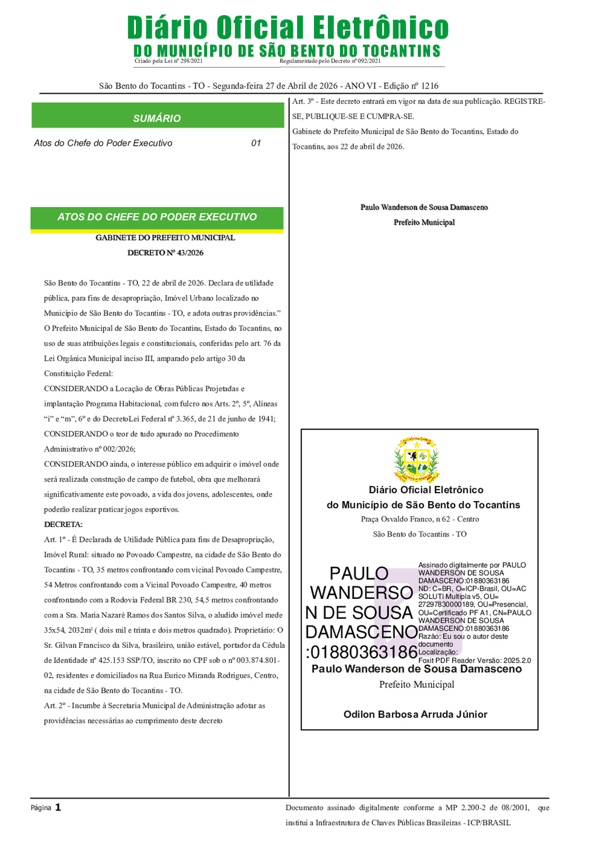 Diário Oficial - Edição N° 1216