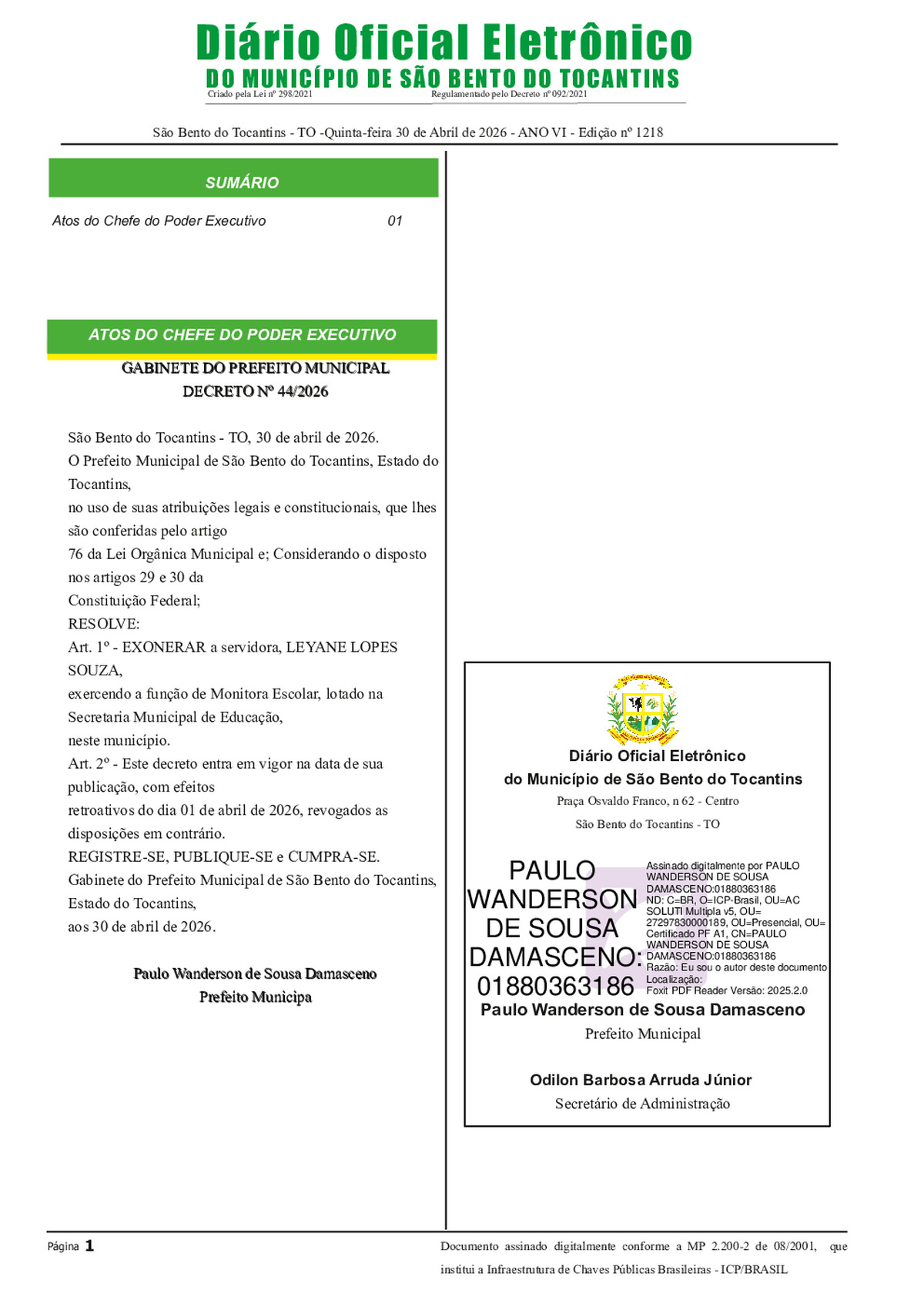 Diário Oficial N° N°1218