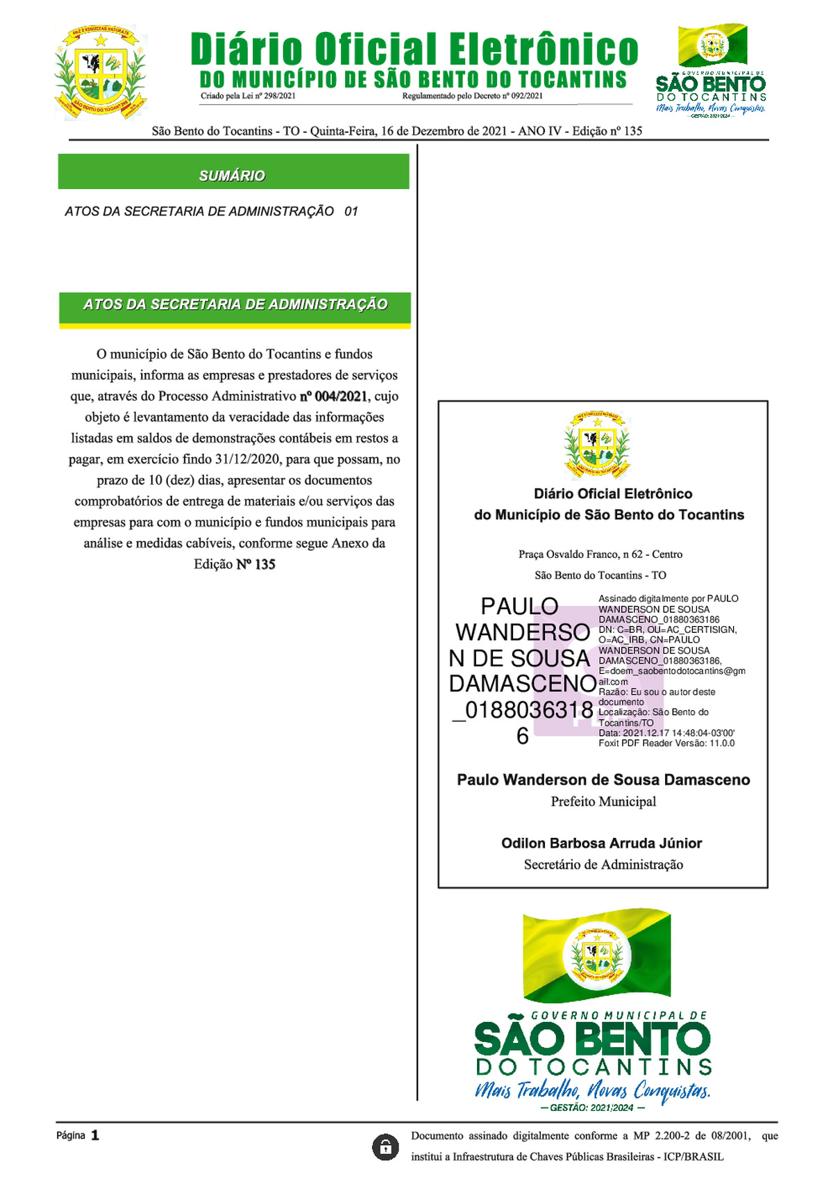 Diário Oficial - Edição Nº 135