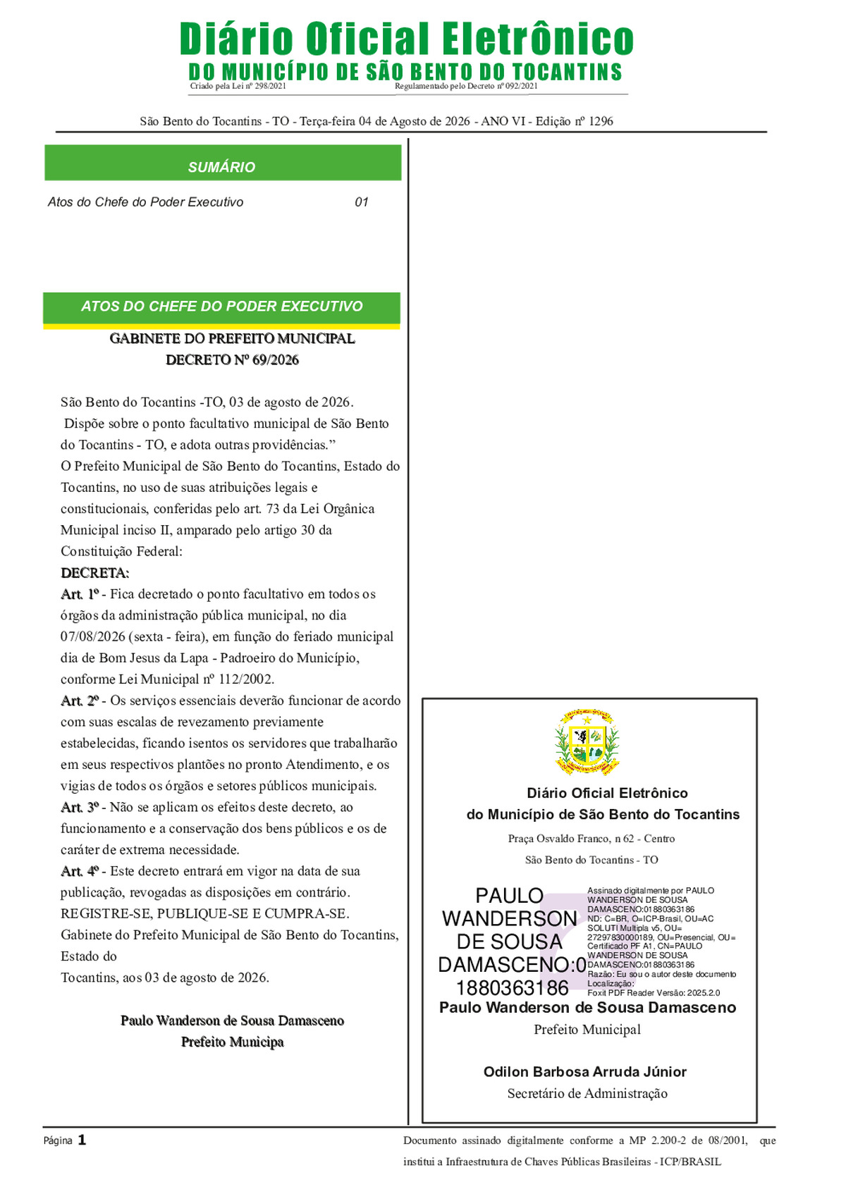 Diário Oficial N° N°1296